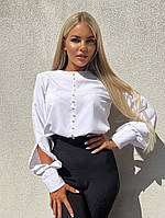 Женская однотонная удлиненная блузка воротник стойка белого цвета; размер: 42-48 универсал