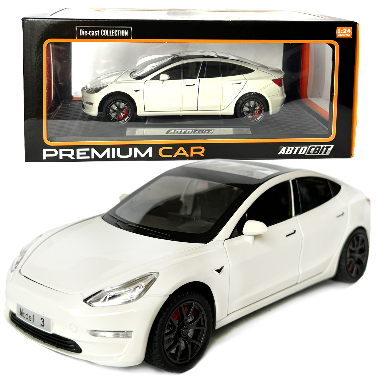 Машинка металева Tesla Model 3 Тесла біла 1:24 звук світло інерція відкр двері багажник капот гумові колеса 20,5*8*7см (AP-2064), фото 1