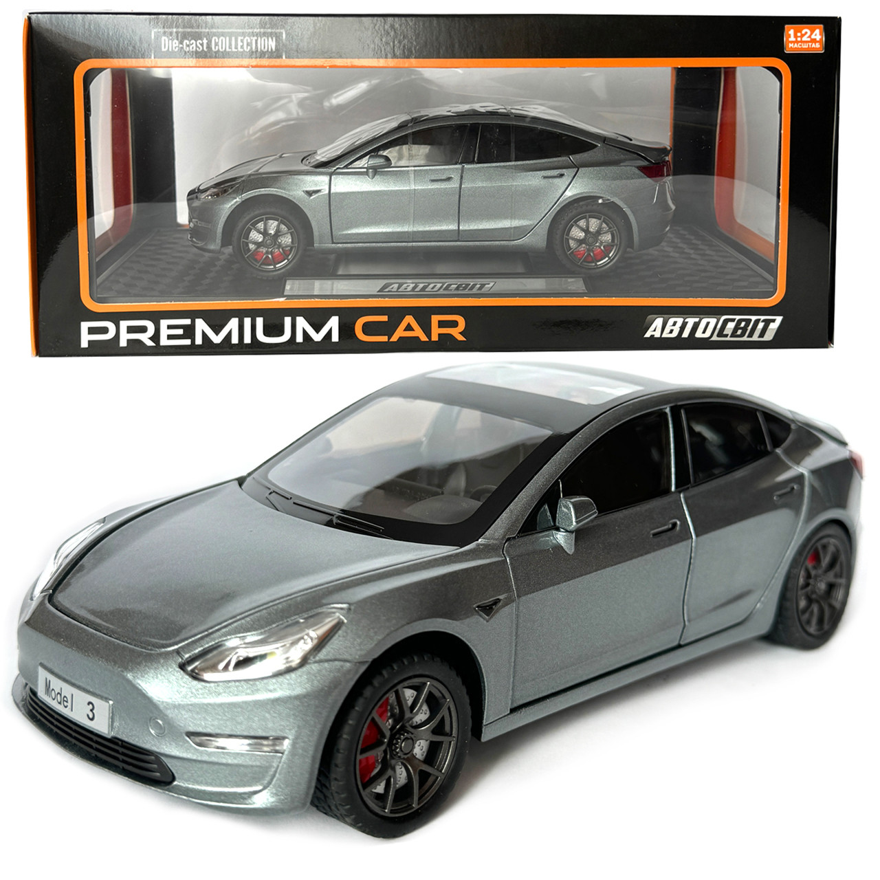 Машинка металева Tesla Model 3 Тесла сіра 1:24 звук світло інерція відкр двері багажник капот гумові колеса 20,5*8*7см (AP-2064), фото 1
