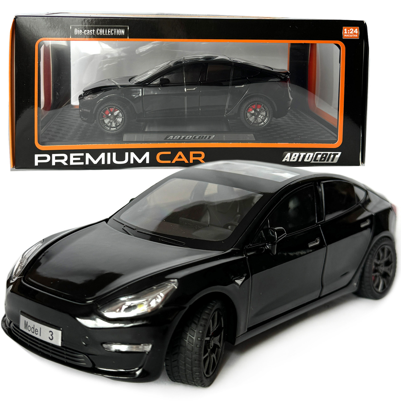 Машинка металева Tesla Model 3 Тесла чорна 1:24 звук світло інерція відкр двері багажник капот гумові колеса 20,5*8*7см (AP-2064), фото 1