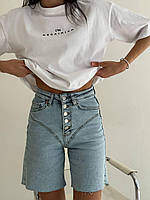 Женские удлиненные джинсовые шорты на пуговицах (синий, голубой); размер: 25, 26, 27, 28, 29, 30