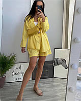 Жіночий літній костюм-двійка сорочка на ґудзиках і шорти з високою талією (жовтий, морквяний, моко, хакі)