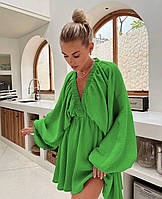 Женское воздушное платье с длинным обьемным рукавом из натуральной ткани (зеленый, пудра, хаки, белый) Зеленый
