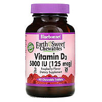 Вітамін D3 5000IU, Смак Малини, Earth Sweet Chewables, Bluebonnet Nutrition, 90 жувальних таблеток