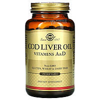 Олія печінки Трески з вітамінами A і D, Cod Liver Oil & Vitamins A&D, Solgar, 250 желатинових капсул
