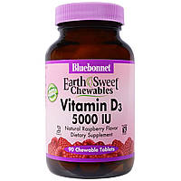 Витамин D3 5000IU, Вкус Малины, Earth Sweet Chewables, Bluebonnet Nutrition, 90 жев. таб. PZ, код: 2337428
