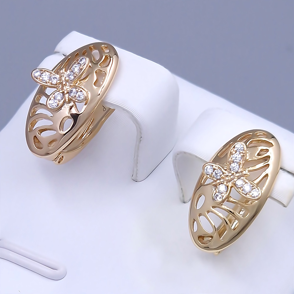 Сережки ХР. Позолота 18К. Камені: білий циркон. Довжина: 18 мм. Ширина: 8 мм.