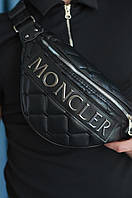 Молодежная брендовая сумка через плечо для мужчин Moncler из экокожи, вместительная черная бананка на молнии