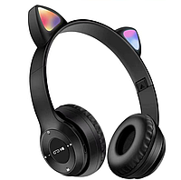 Наушники детские Bluetooth накладные Cat Ear P47M Гарнитура MP3 с кошачьими ушками RGB подсветкой Черные hr