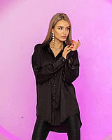 Легкая женская шелковая блуза с длинным рукавом больших размеров:42-46, 48-52 черная