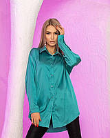 Легкая женская шелковая блуза с длинным рукавом больших размеров:42-46, 48-52 бирюзовая