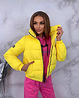 Женская короткая куртка - пуховик плащевка на синтепоне желтая . Размеры 42, 44,46