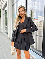 Женский костюм тройка топ, пиджак и юбка черный. Размеры: 42-44; 44-46, 46-48