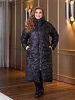 Теплое зимнее женское длинное пальто на синтепоне стеганное черное. Розміри: 50-52, 54-56, 58-60, 62-64