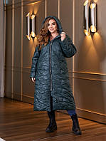 Теплое зимнее женское длинное пальто на синтепоне стеганное зеленое. Розміри: 50-52, 54-56, 58-60, 62-64
