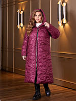 Теплое зимнее женское длинное пальто на синтепоне стеганное бордовое. Розміри: 50-52, 54-56, 58-60, 62-64
