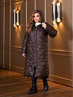 Теплое зимнее женское длинное пальто на синтепоне стеганное коричневое. Розміри: 50-52, 54-56, 58-60, 62-64