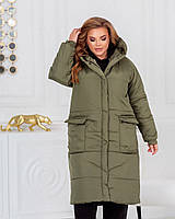 Теплое зимнее женское длинное пальто на синтепоне хаки. Розміри: 50-52, 54-56, 58-60, 62-64