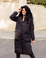 Теплое зимнее женское длинное пальто на синтепоне черное. Розміри: 50-52, 54-56, 58-60, 62-64