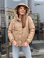 Женская короткая куртка эко-кожа с капюшоном Размеры 42, 44,46,48 бежевая