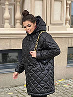Жіноча куртка подовжена демісезонна осінь-зима великих розмірів 42-44, 46-48, 50-52, 54-56, 58-60 чорна