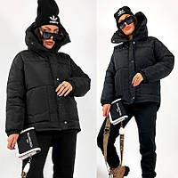 Трендовая женская зимняя куртка -пуховик с капюшоном черная. Размеры 42, 44,46,48