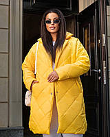 Жіноча куртка-пальто осінь — зима на синтепоні великих розмірів 46-48,50-52,54-56,58-60 жовта