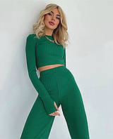 Костюм женский брючный, топ и штаны в рубчик зеленый. 42-44, 46-48,