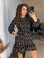 Женское короткое платье, с цветочным принтом, черное