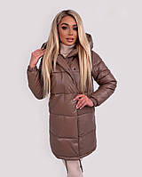 Жіноча тепла зимова куртка еко-шкіра з капюшоном Розміри 42, 44,46,48 капучіно