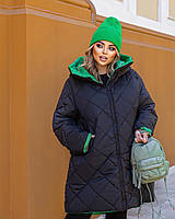 Жіноче двостороннє зимове пальто куртка на синтепоні великих розмірів чорно-зелене Розмір: 50-52, 54-56