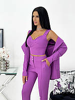 Брючный женский костюм тройка- пиджак, топ и брюки. Размеры: 42-44; 44-46, 46-48 фиолетовый