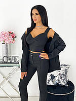 Брючный женский костюм тройка- пиджак, топ и брюки. Размеры: 42-44; 44-46, 46-48 черный