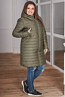 Теплющая женская зимняя куртка-пальто на меху (овчине) больших размеров: 48,50,52,54,56, 58,60 хаки