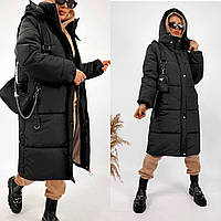 Женская удлиненная зимняя куртка - пальто с капюшоном Размеры 42, 44,46,48, 50, 52 черная