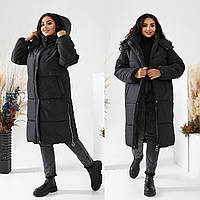 Женская удлиненная зимняя куртка - пальто с капюшоном Размеры 42, 44,46,48, 50, 52 черная