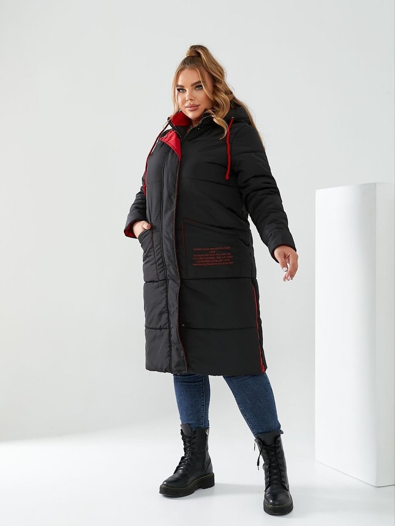 Зимове супергартове пальто на синтепоні великих розмірів чорне. Розмір 48,50,52,54,56,58