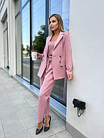 Брючный женский костюм тройка- пиджак, топ и брюки. Размеры: 42-44; 44-46, 46-48 пудра