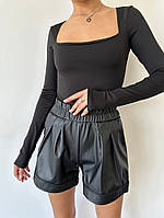 Женские кожаные шорты черные из матовой эко кожи больших размеров. Размер 42-44,46-48,50-52,54-56
