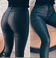 Теплые женские брюки-лосины матовая эко кожа на флисе черные. Размеры 42,44,46,48