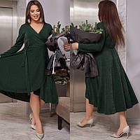 Блестящее нарядное платье с люрексом на запах больших размеров зеленое 50-52,54-56