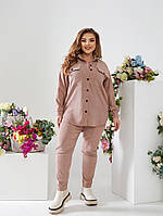 Женский брючный вельветовый костюм больших размеров рубашка и штаны бежевый. Размеры: 48-50,52-54,56-58