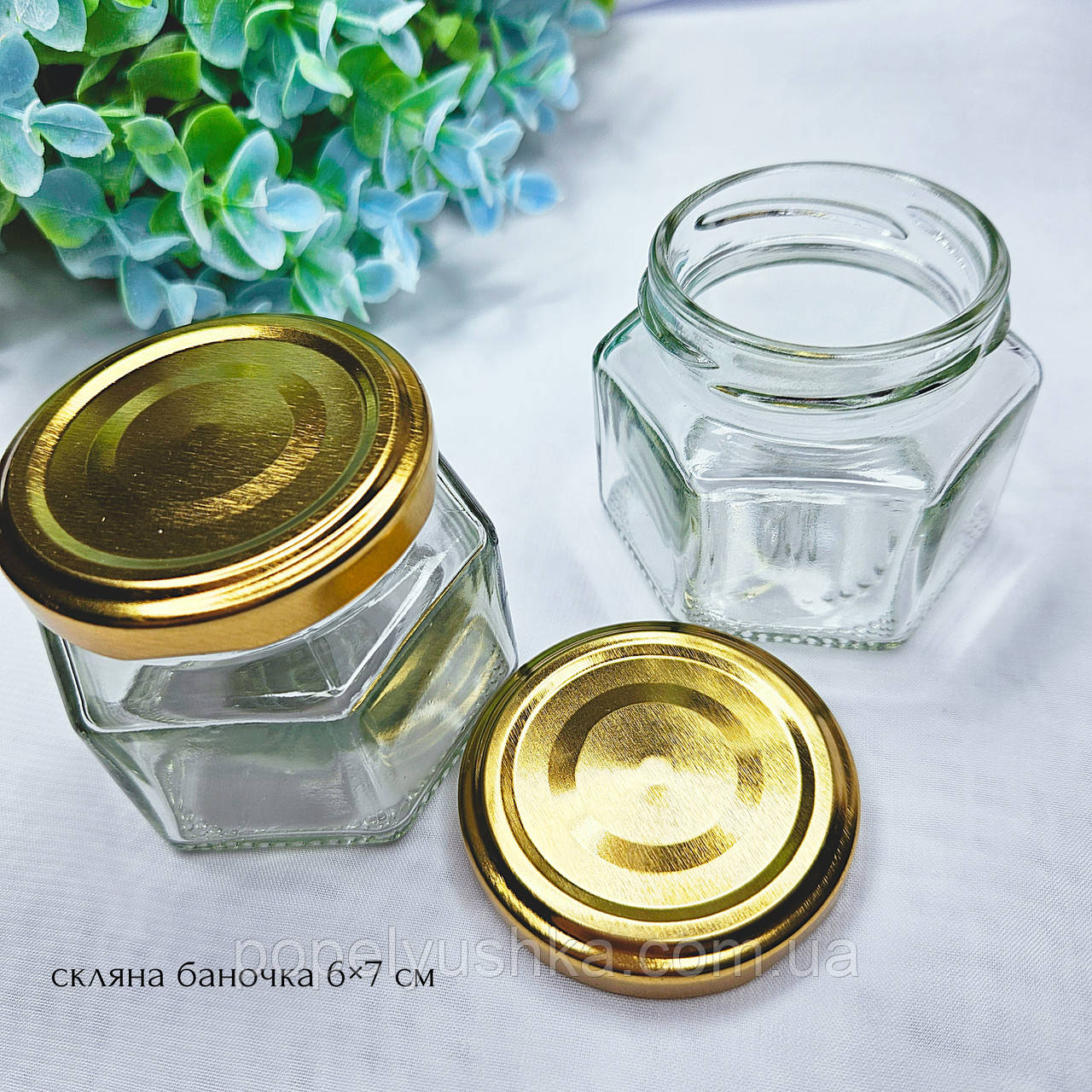Скляна шестигренна баночка 6 × 7 см