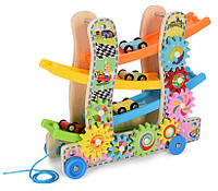 Детский развивающий центр-игрушка MD 2594 Деревянный автомобильный трек-каталка с шестеренками