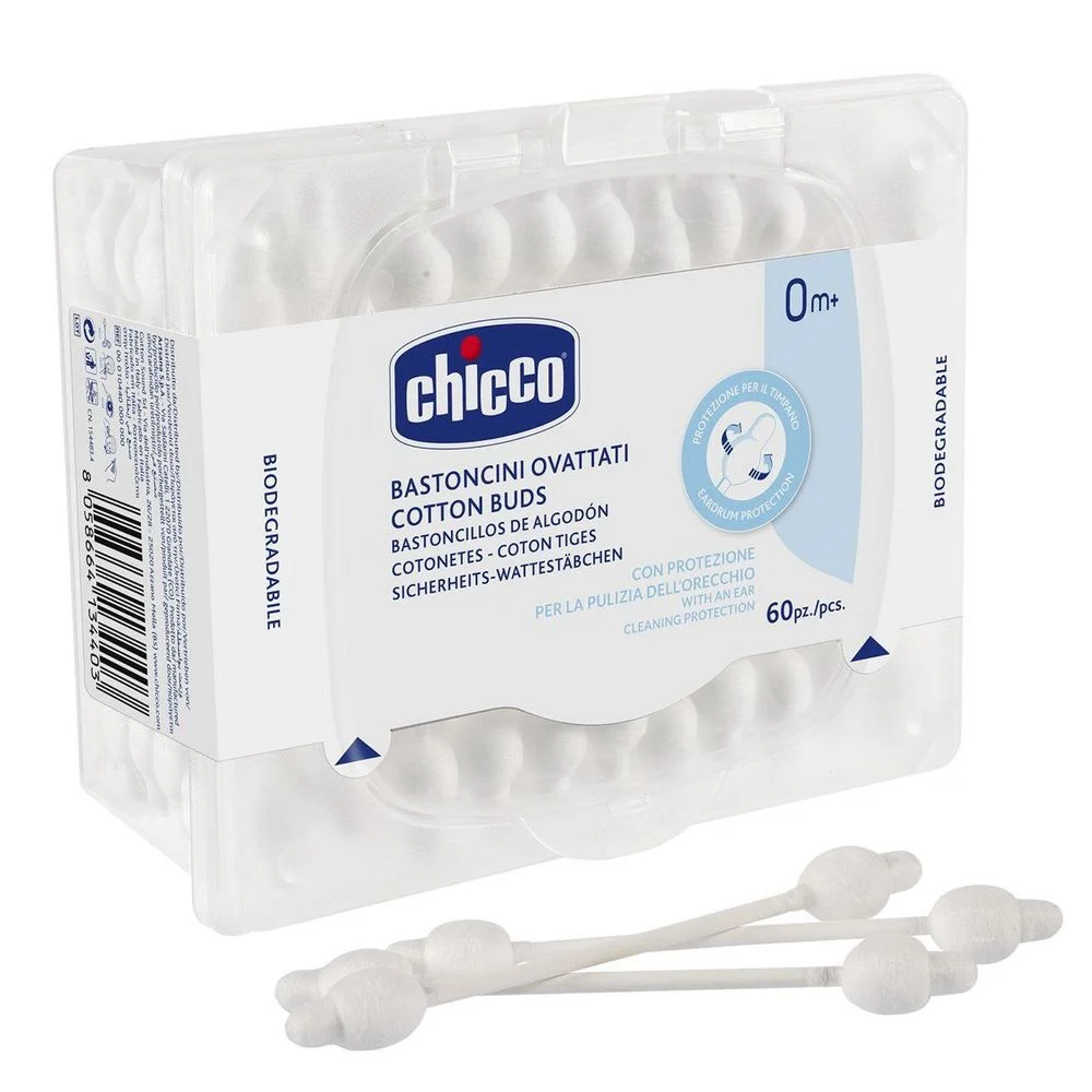 Палички ватні Chicco бавовняні з обмежувачем 60 шт.