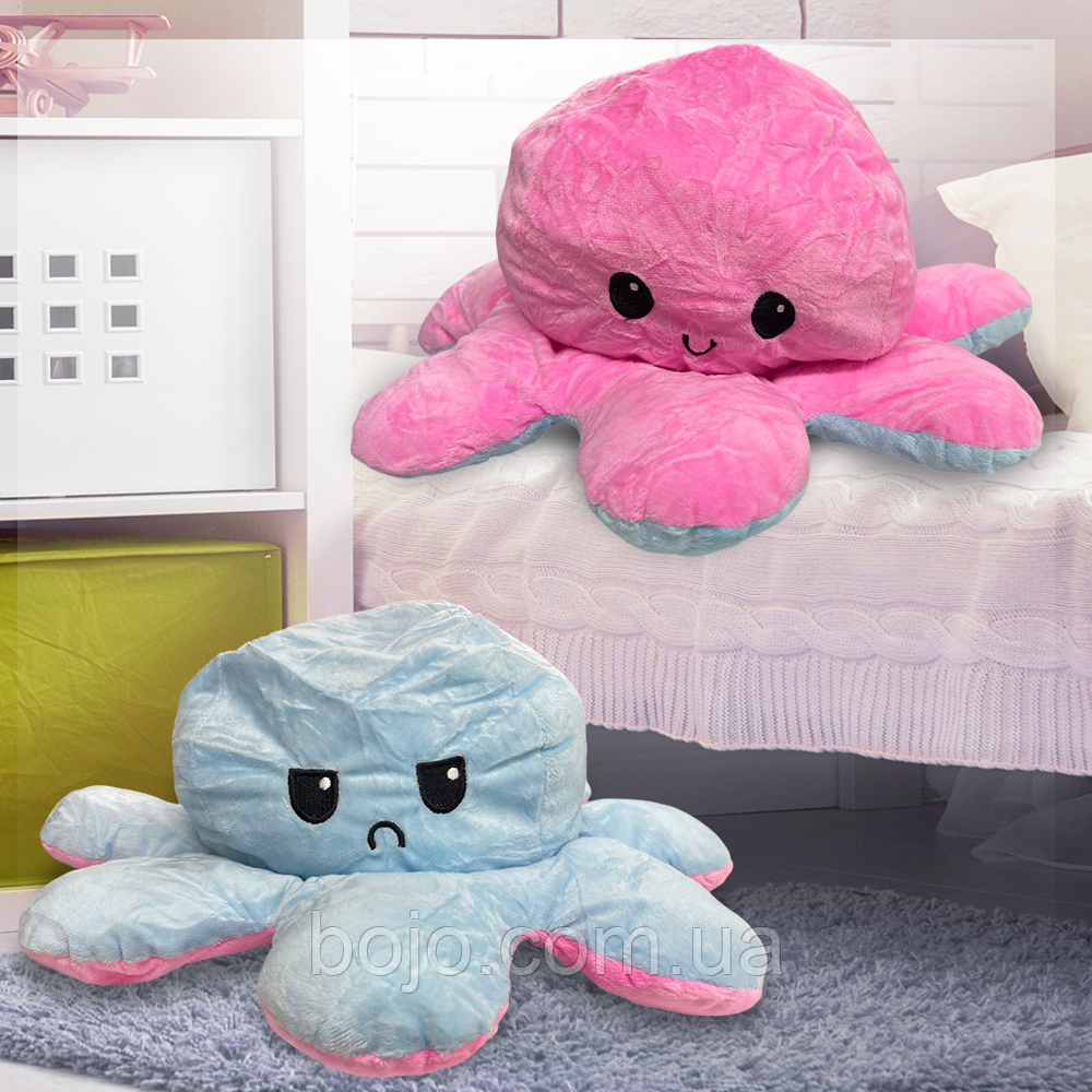 Восьминіг-перевертень двостороння іграшка - антистрес 30 см, Блакитний/Рожевий (GZ)