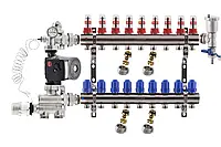 Коллектор теплого пола KР Чехия 9 контуров в сборе с насосом с нижним подключением