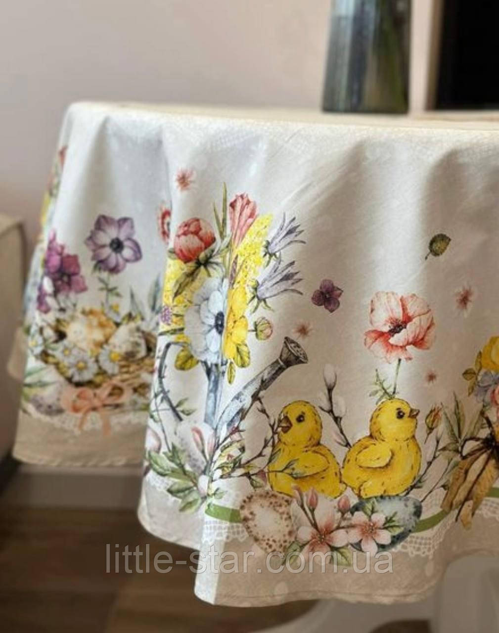 Скатертина великодня кругла 220 см, водовідштовхувальна, Тиротекс, 100% бавовна, ніжні тони