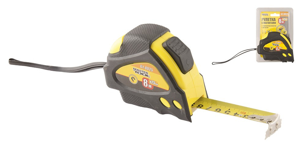 Рулетка з магнітами 8м 25мм 2 фіксатора Mastertool 61-8025