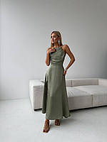 Женское длинное платье стильное без рукавов подчеркивает фигуру открытая спина шнуровка олива